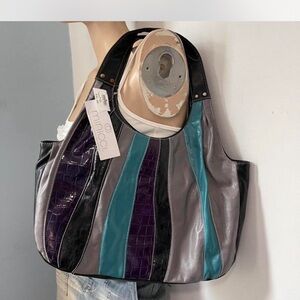 Black, Purple, and Teal Striped Tote